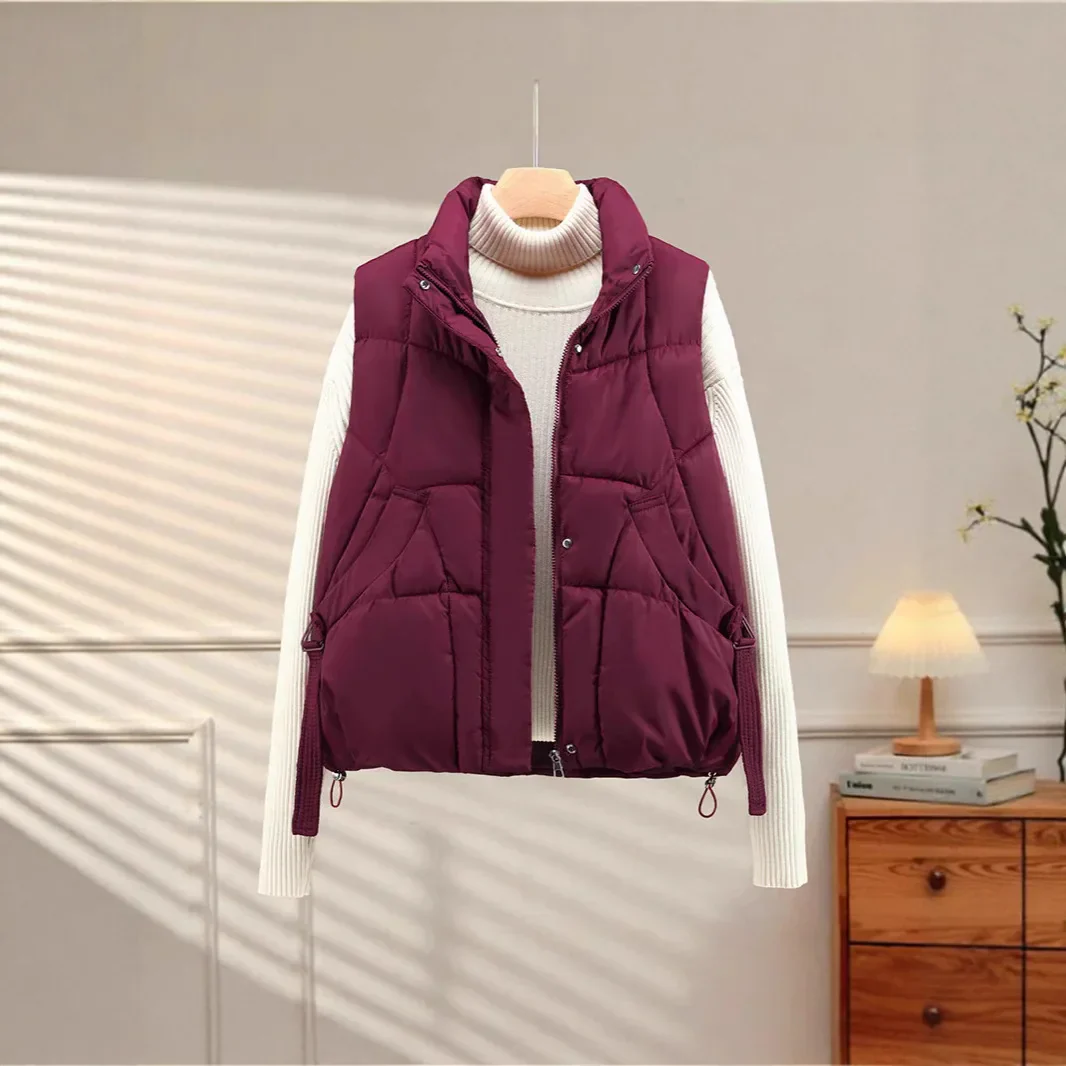 Warm Women's Puffer Vest - Quilted High Collar, Polyester - Image 4
