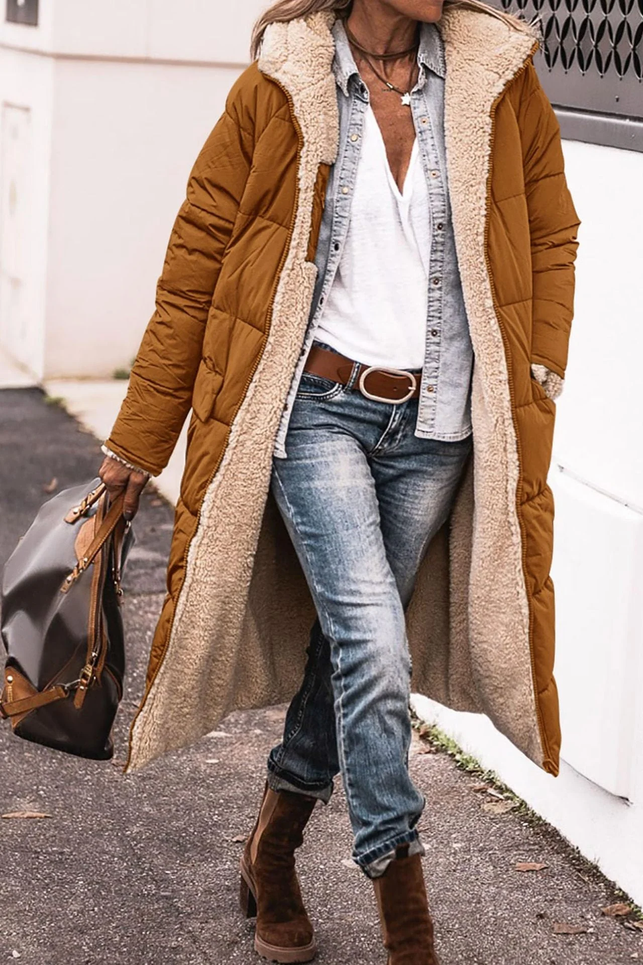 Warm Women’s Reversible Long Coat - Quilted Sherpa Hooded