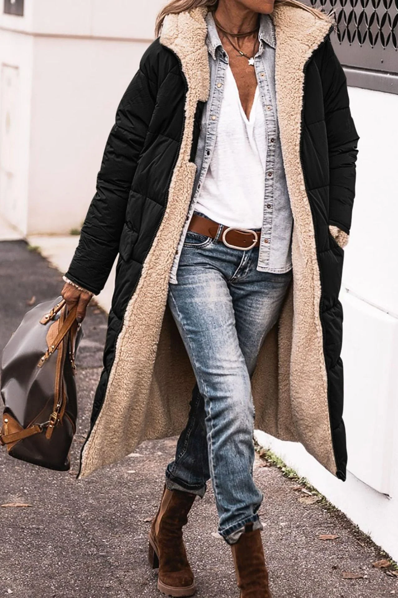 Warm Women’s Reversible Long Coat - Quilted Sherpa Hooded - Image 2