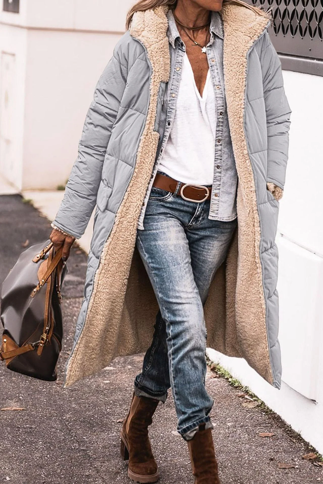Warm Women’s Reversible Long Coat - Quilted Sherpa Hooded - Image 3