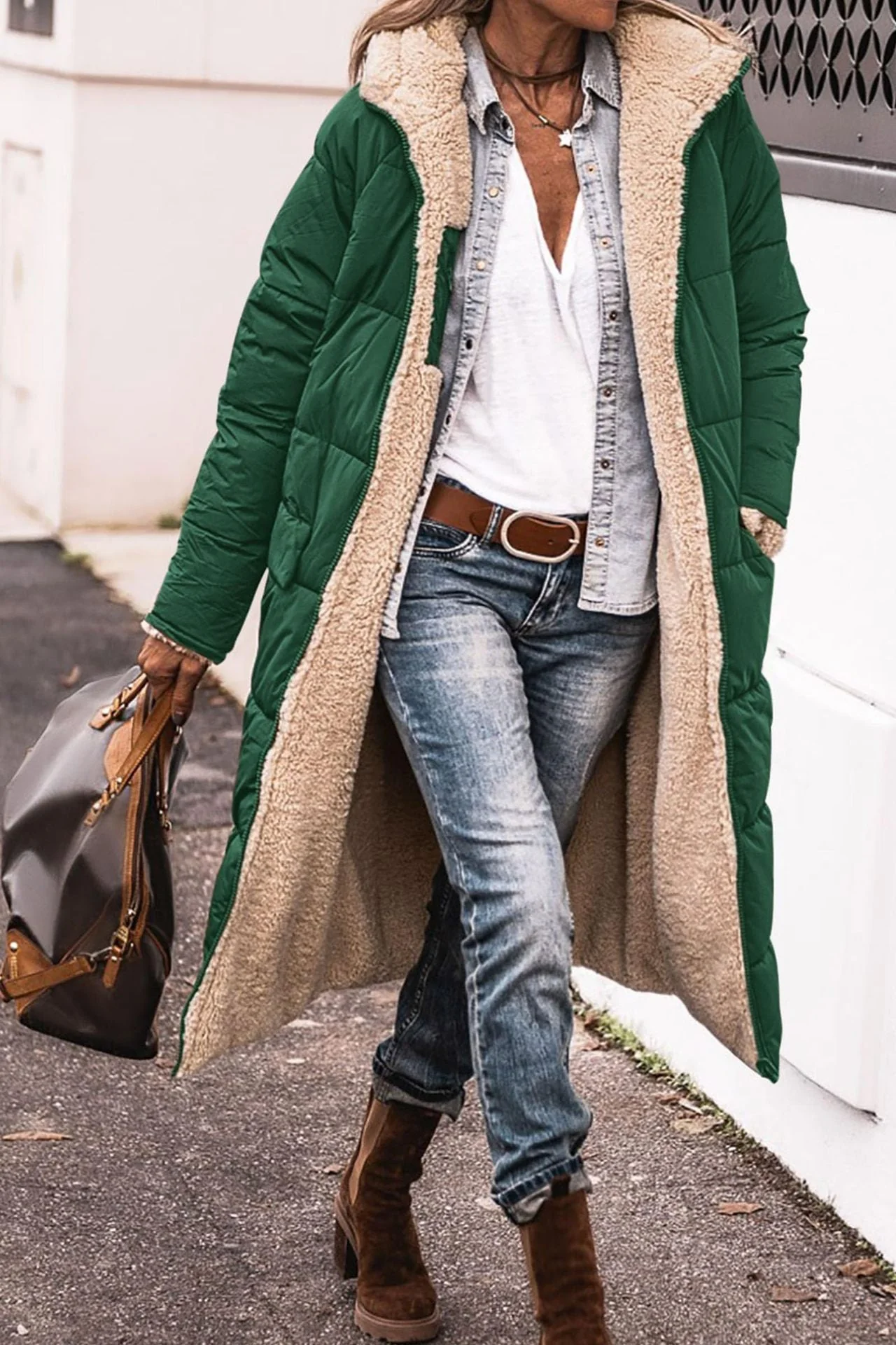 Warm Women’s Reversible Long Coat - Quilted Sherpa Hooded - Image 4