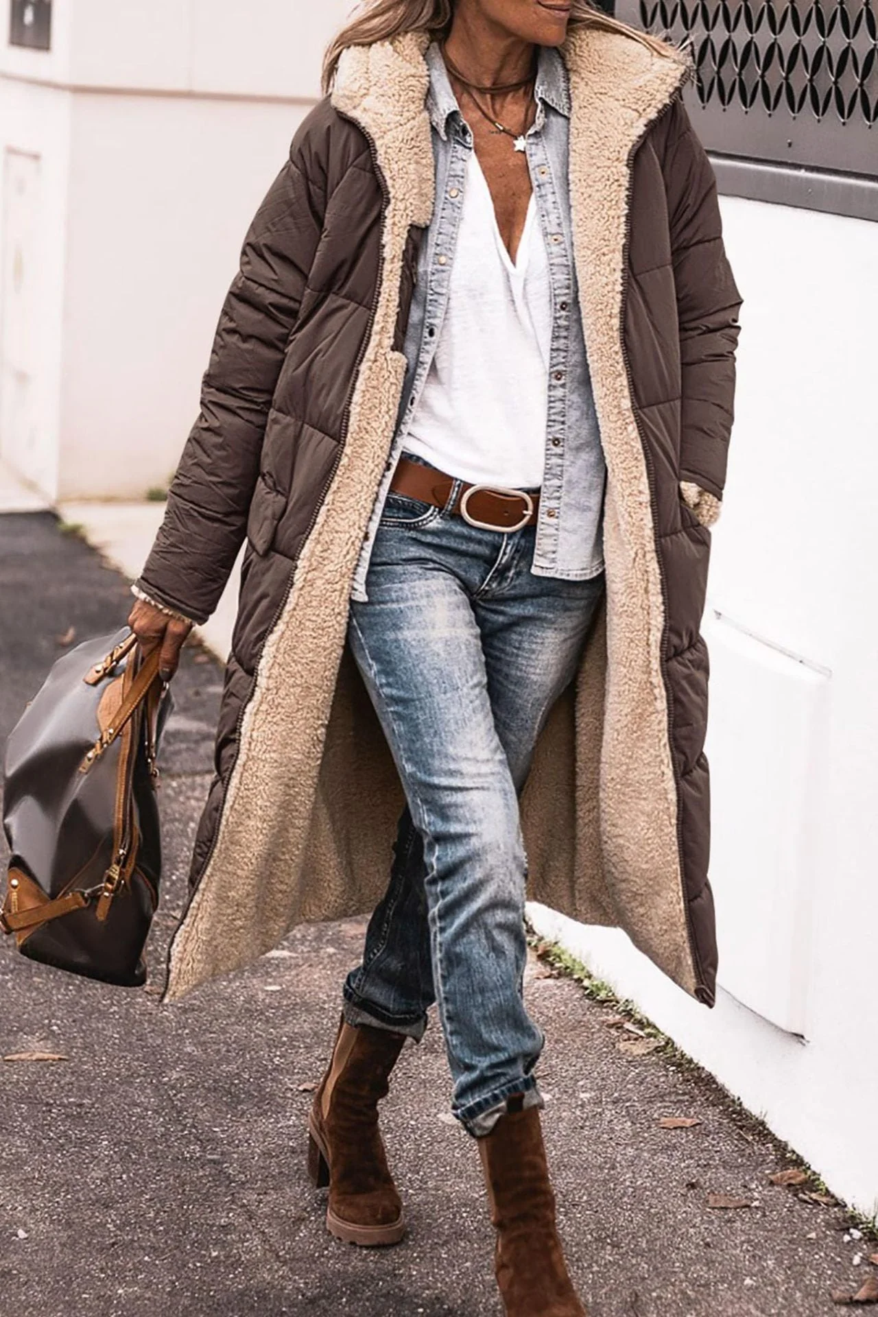 Warm Women’s Reversible Long Coat - Quilted Sherpa Hooded - Image 5
