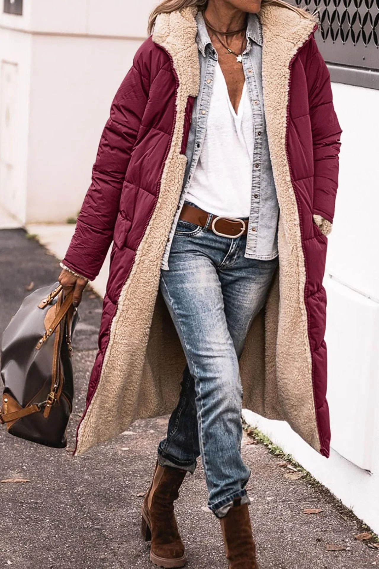Warm Women’s Reversible Long Coat - Quilted Sherpa Hooded - Image 6