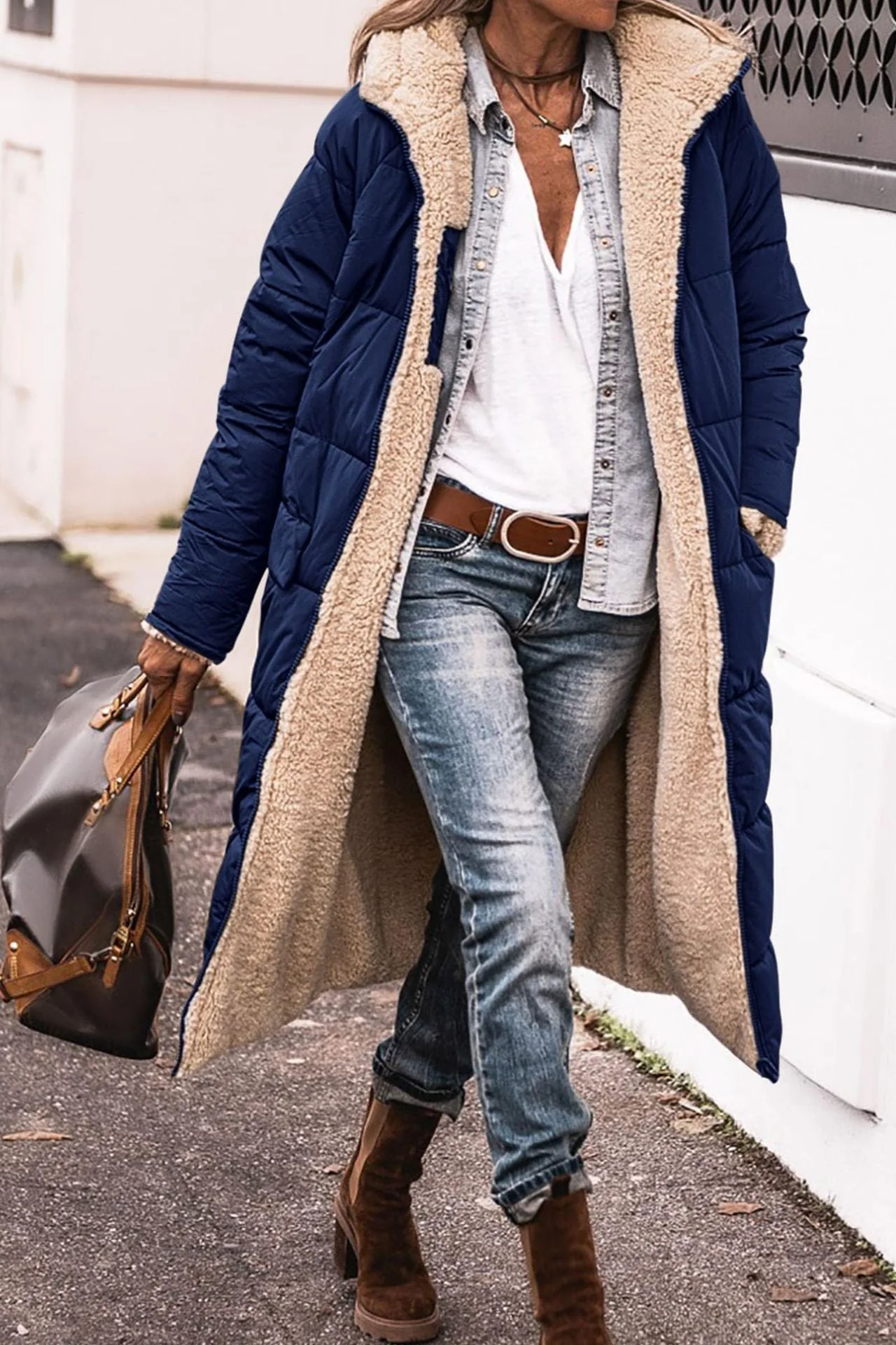 Warm Women’s Reversible Long Coat - Quilted Sherpa Hooded - Image 7