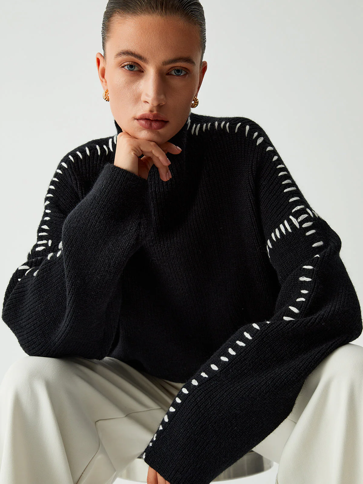 Warm Women’s Sweater - Boxy Crewneck, Ribbed Knit, Layering - Image 3