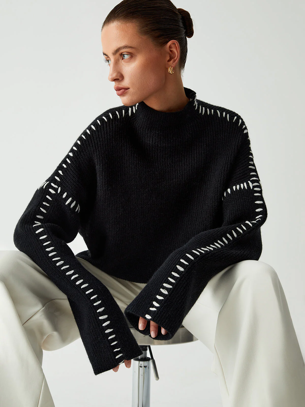Warm Women’s Sweater - Boxy Crewneck, Ribbed Knit, Layering - Image 4