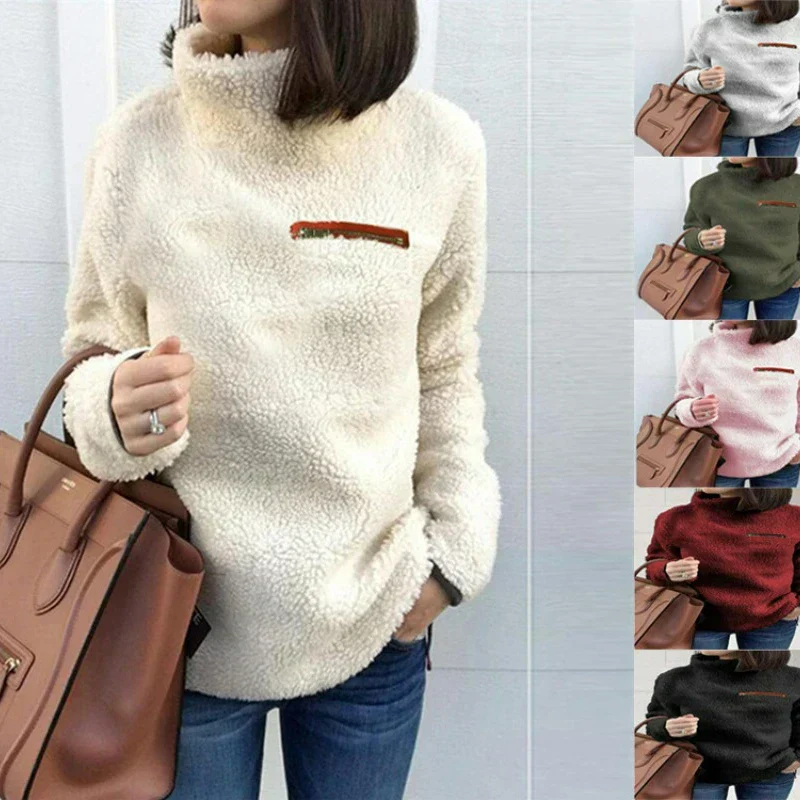Warm Women's Turtleneck Pullover - Relaxed Sherpa Layering - Image 2
