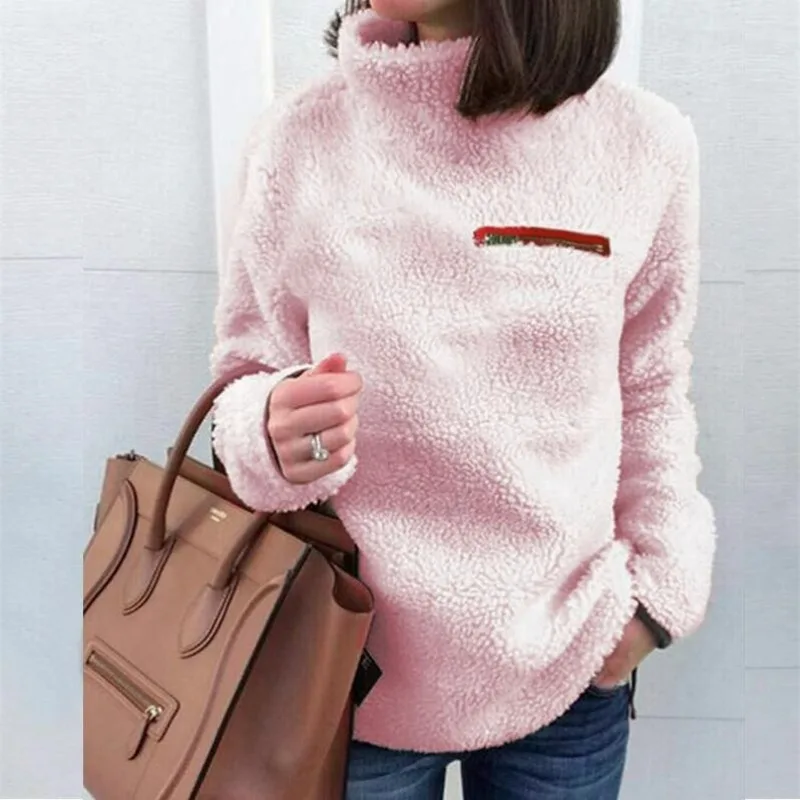 Warm Women's Turtleneck Pullover - Relaxed Sherpa Layering - Image 7