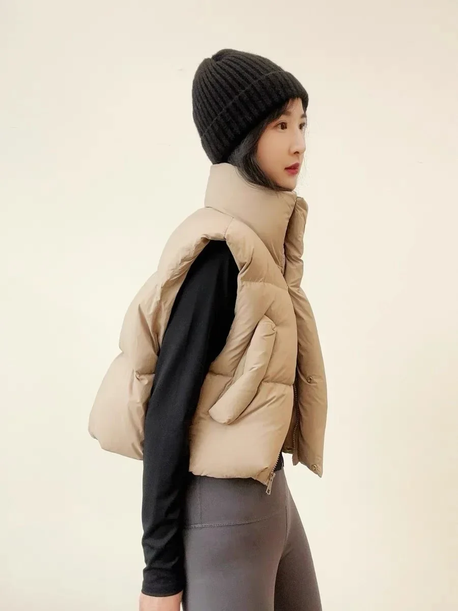 Warm Women Short Down Vest - Stand-Up Collar, Winter - Image 12