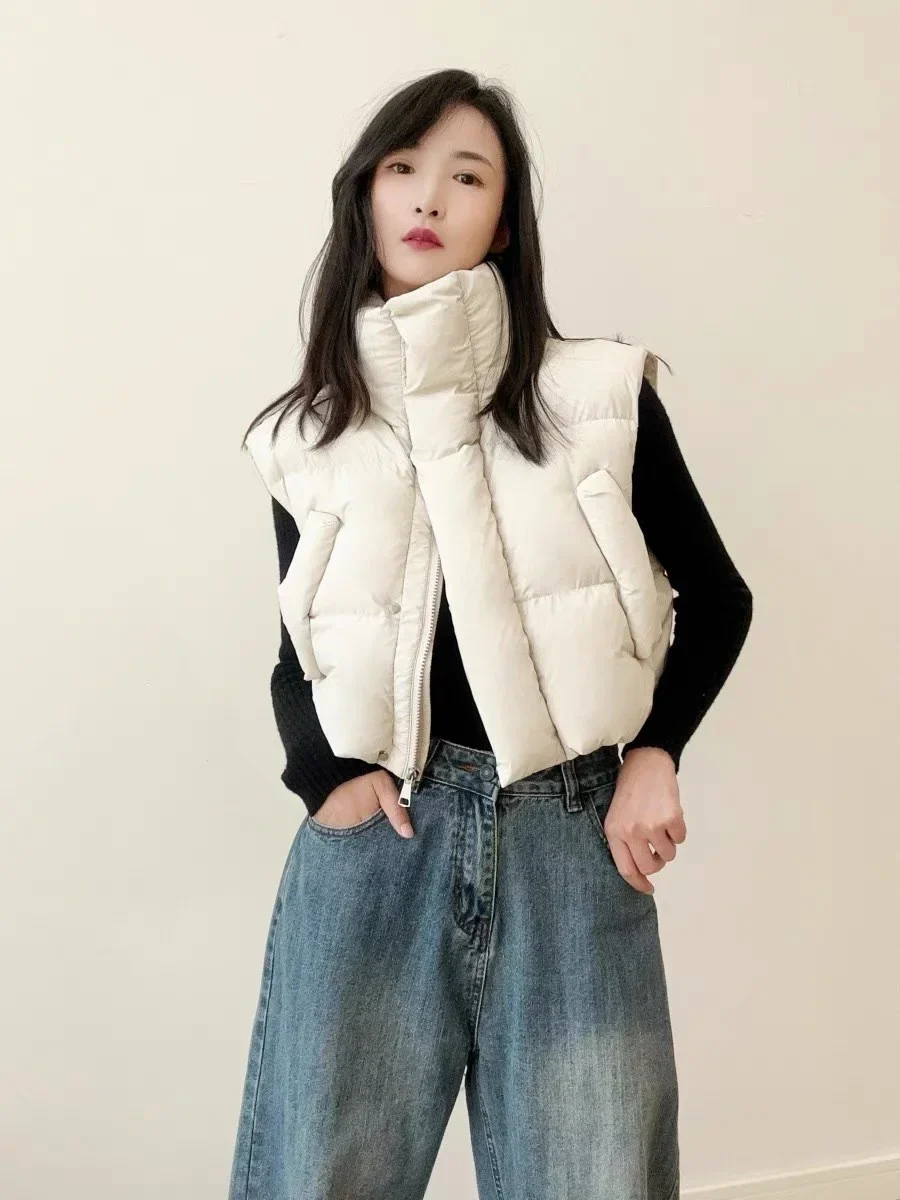 Warm Women Short Down Vest - Stand-Up Collar, Winter - Image 17