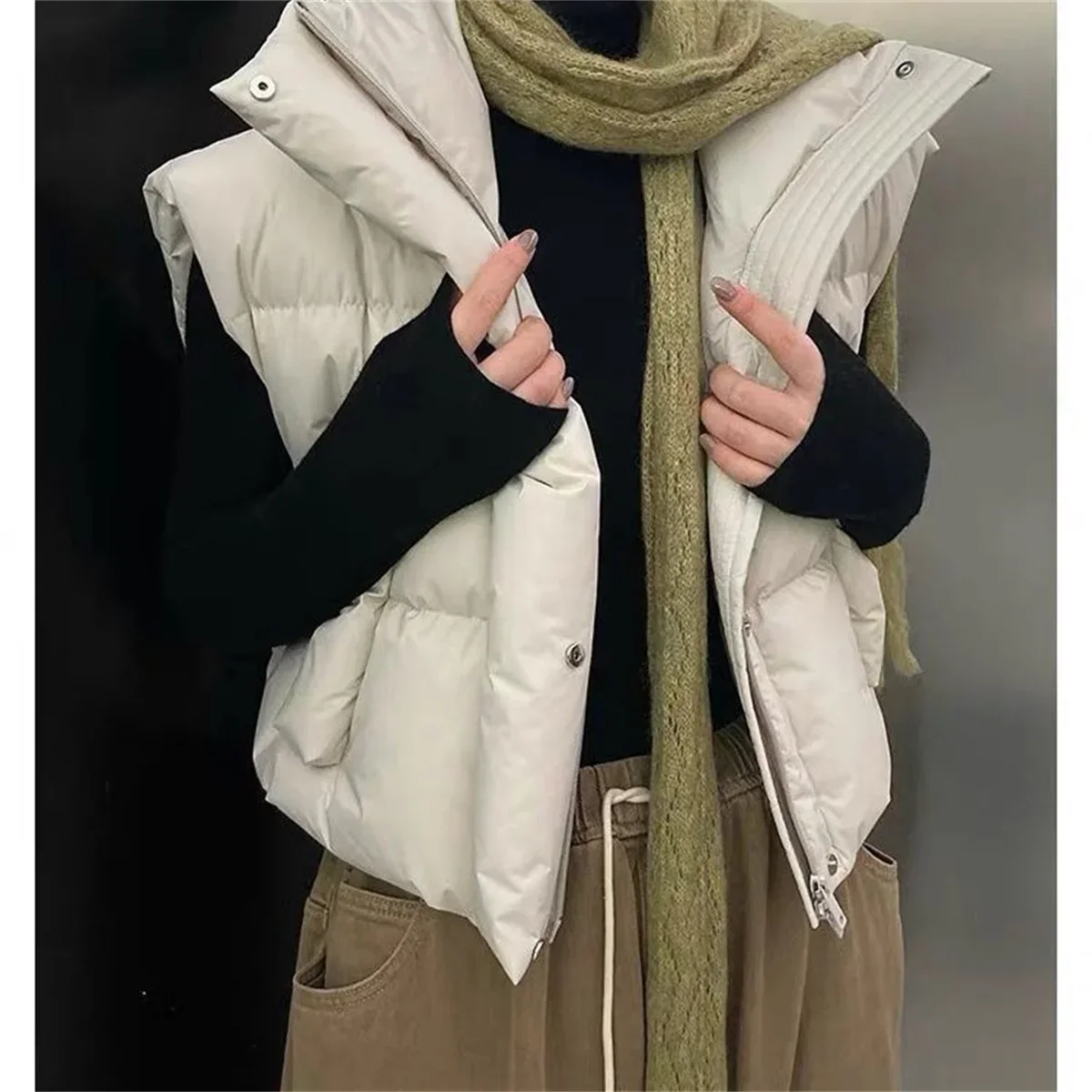 Warm Women Short Down Vest - Stand-Up Collar, Winter - Image 2