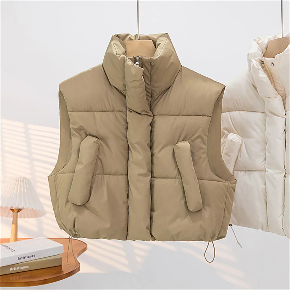Warm Women Short Down Vest - Stand-Up Collar, Winter - Image 4