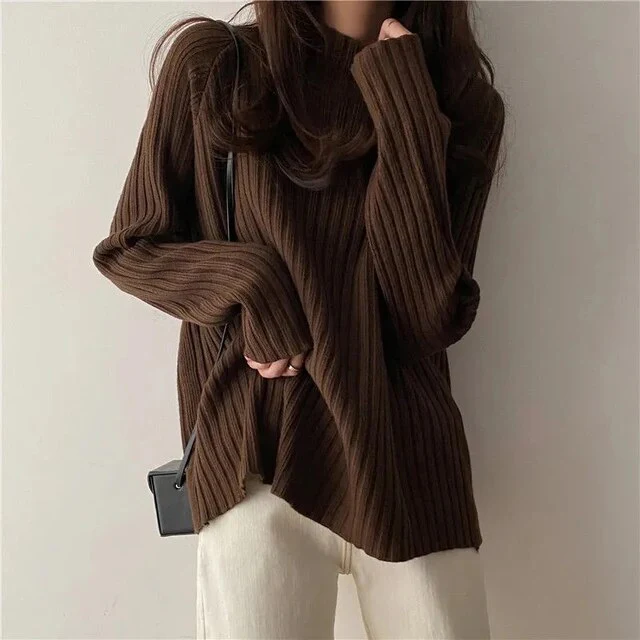 Warm Women Turtleneck Sweater - Ribbed Knit Wool For Winter
