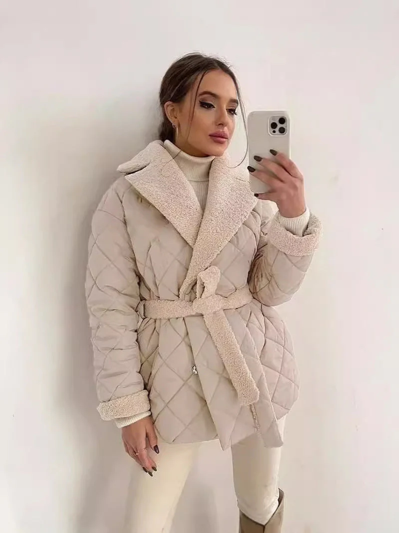 Warm Womens Coat - Quilted Sherpa Lapel, Belted Winter - Image 2
