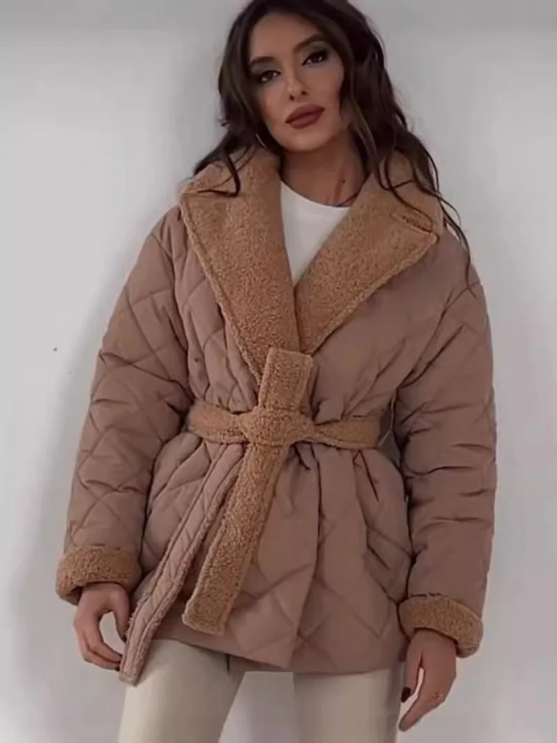 Warm Womens Coat - Quilted Sherpa Lapel, Belted Winter - Image 6