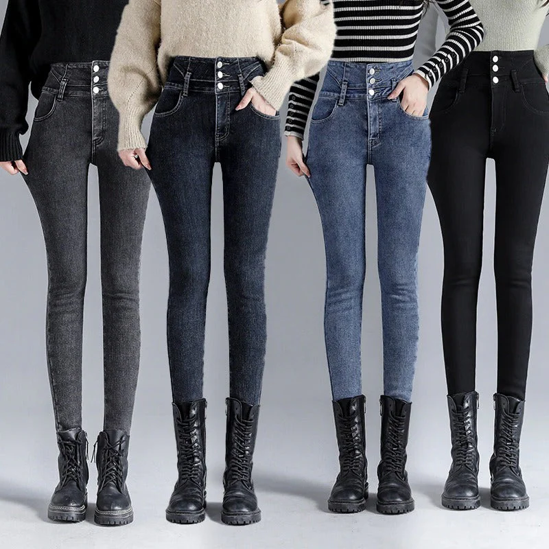 Warm women's high-waisted jeans – fleece-lined, for cold weather - Image 2