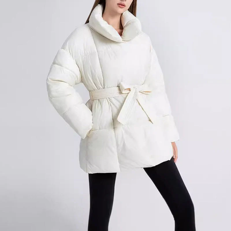 Warm Womens Puffer Coat - Belted Quilted Nylon Midthigh - Image 7