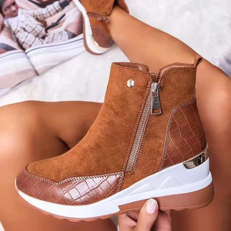 Waterproof Cozy Women’s Ankle Boots - Wedge Suede Heel - Image 2