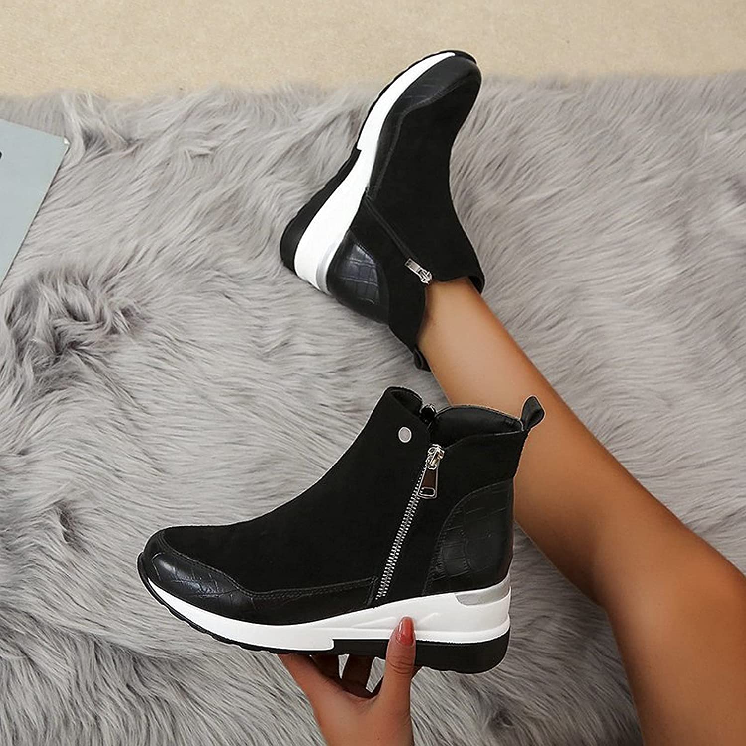Waterproof Cozy Women’s Ankle Boots - Wedge Suede Heel - Image 8