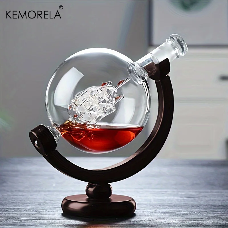 Whiskey Decanter 900ML Globe Set With Lead Free Carafe And Wood Stand Glasses, Holiday Gift Fall 2025 Elegant Bar Decor - Image 2
