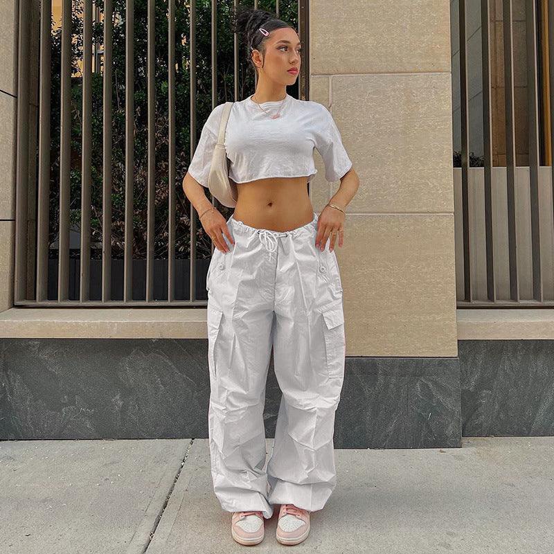 White Cargo Pants for Women with Adjustable Waistband and Functional Pockets, Modern Utilitarian Style - Image 6