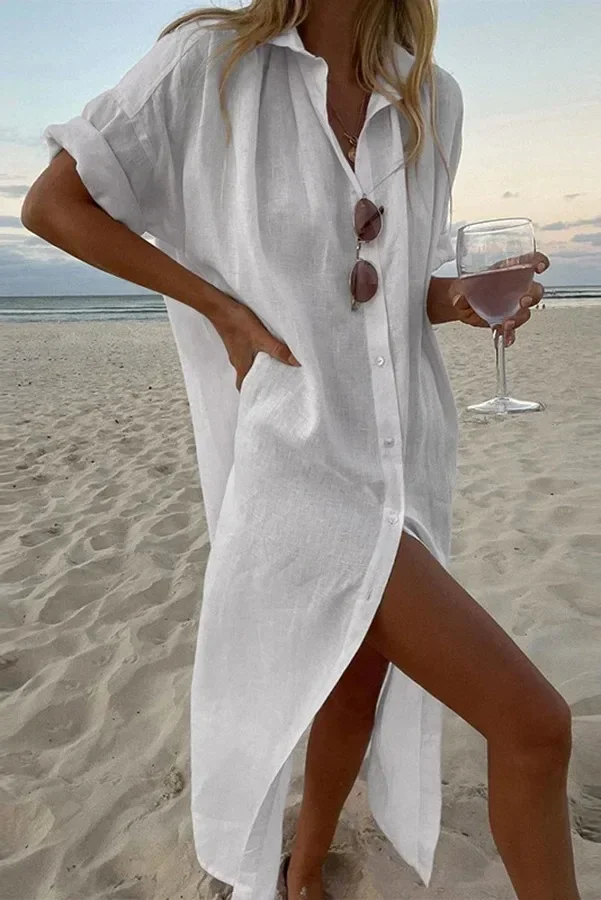 White Linen Summer Dress with Fold-Over Collar and Relaxed Fit for Women - Image 2