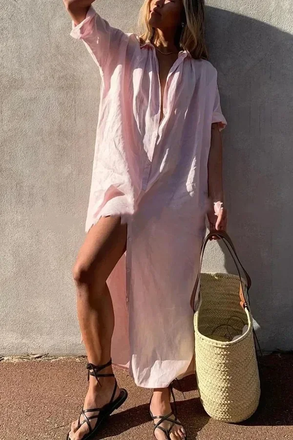 White Linen Summer Dress with Fold-Over Collar and Relaxed Fit for Women - Image 4