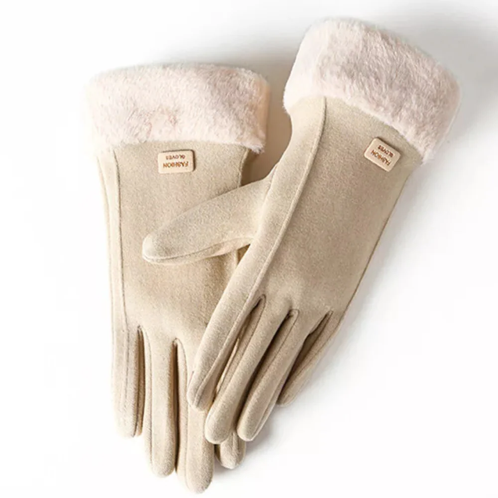 Windproof Women’s Plush Gloves - Slim Tailored, Suede - Image 3