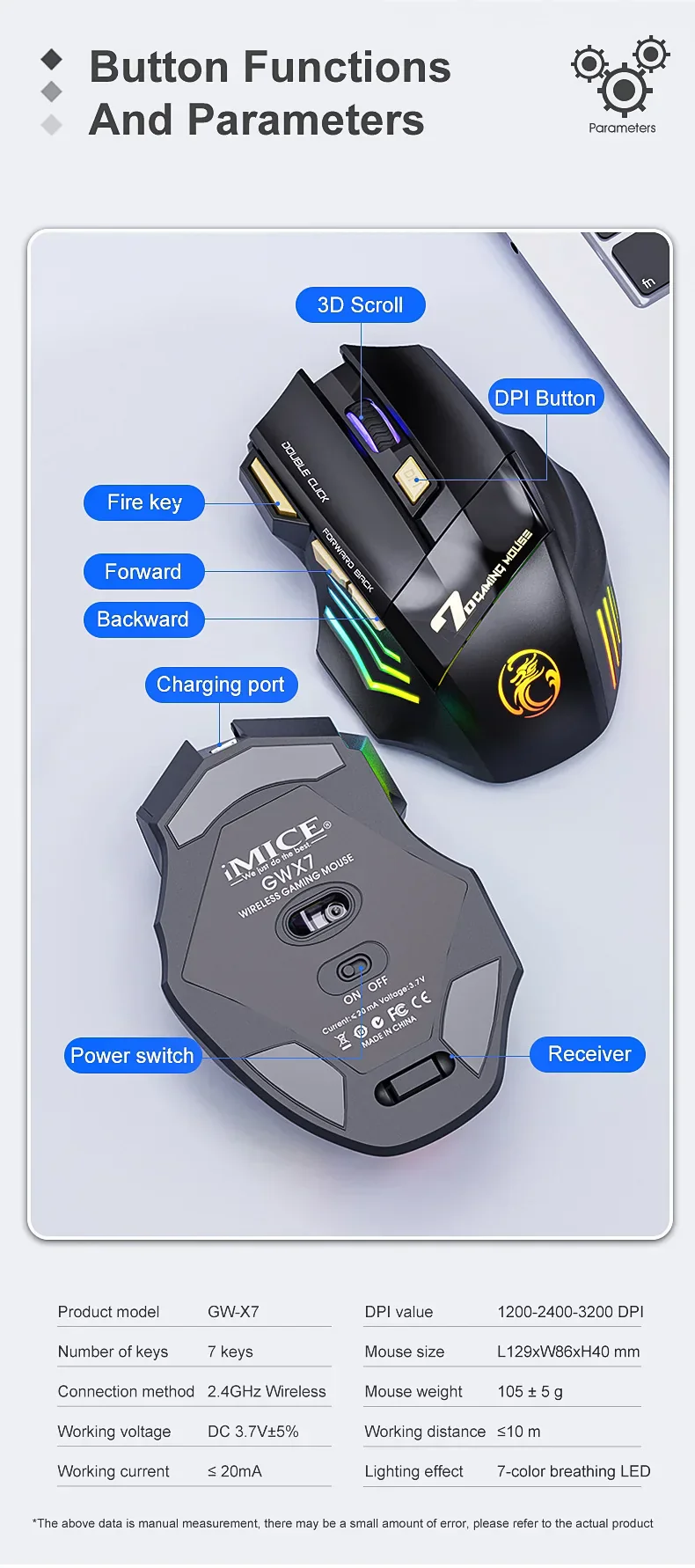 Wireless Gaming Mouse 3200DPI Dual Mode Rechargeable - Image 16