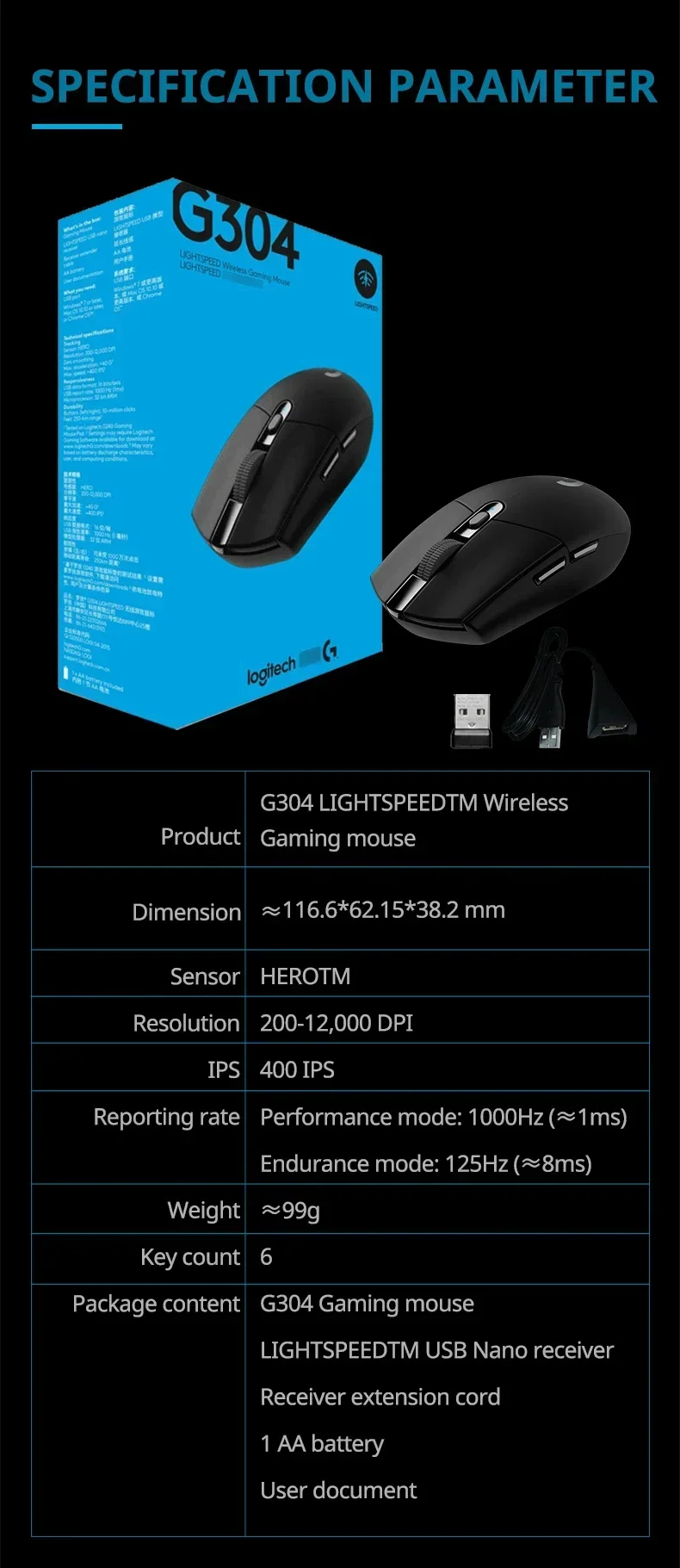 Wireless Lightweight Gaming Mouse HERO Sensor 12K DPI - Image 8