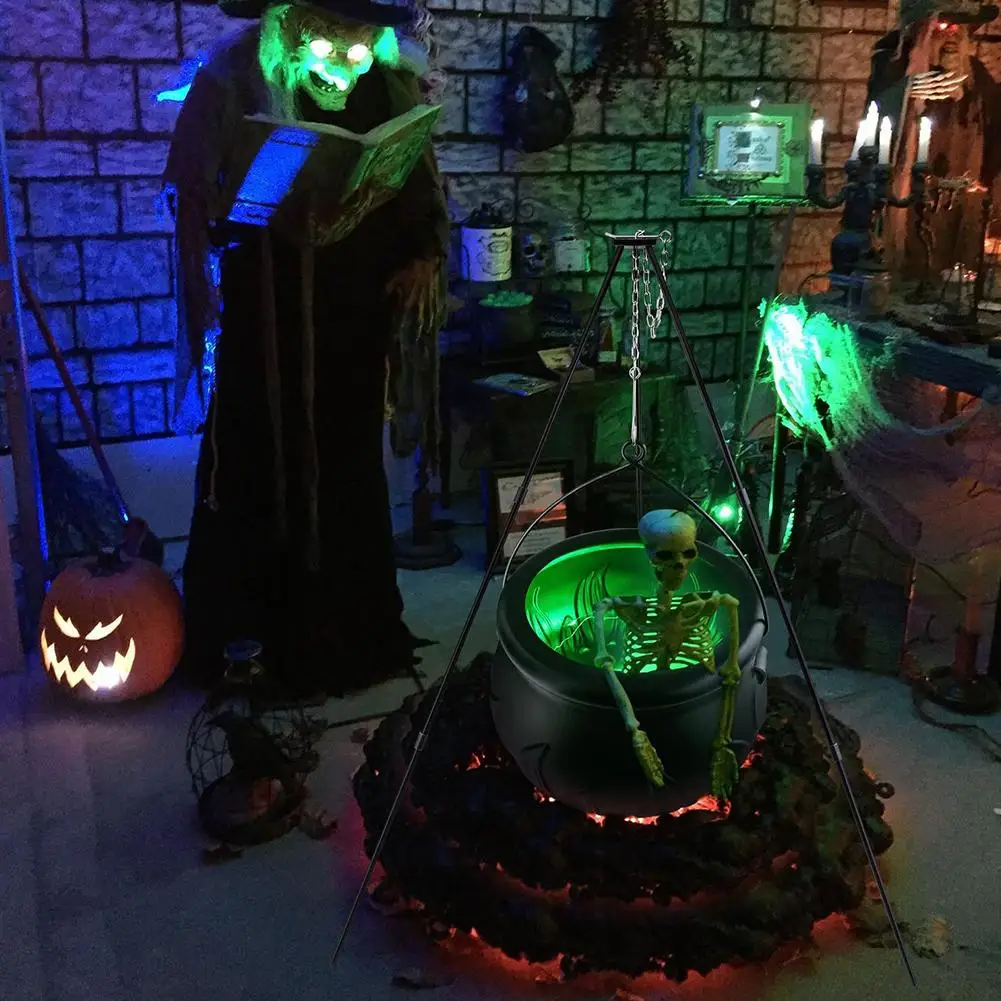 Witches Cauldron Large Tripod Cauldron With Green LED String Light Outdoor Halloween 2025 Spooky Party Decor