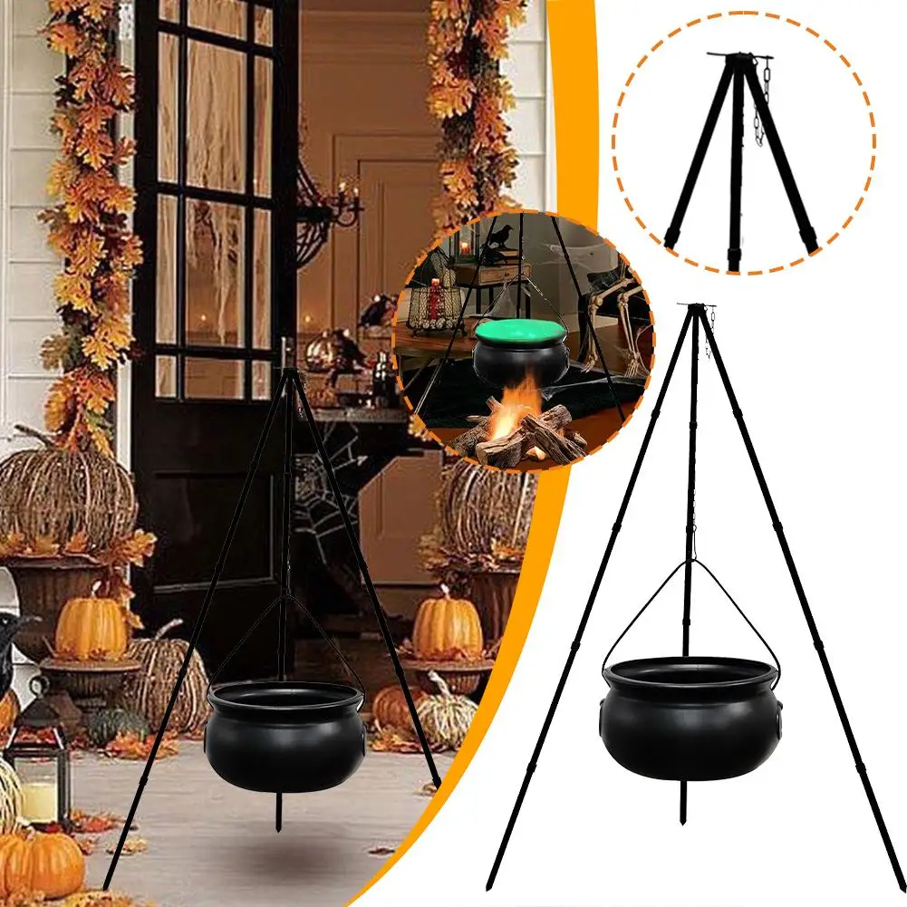 Witches Cauldron Large Tripod Cauldron With Green LED String Light Outdoor Halloween 2025 Spooky Party Decor - Image 5