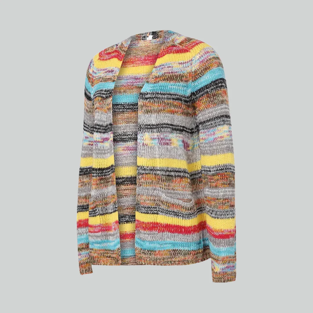 Women Cardigan Sweater Colorful Striped Knit Coats Long Sleeve Casual Fall Winter Wear - Image 3