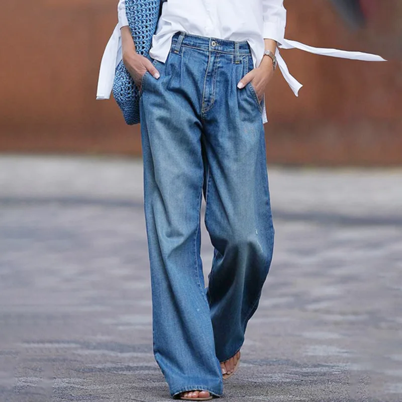 Women Distressed Wide Leg Jeans - High Waist Denim Pants with Pockets, Spring Fashion