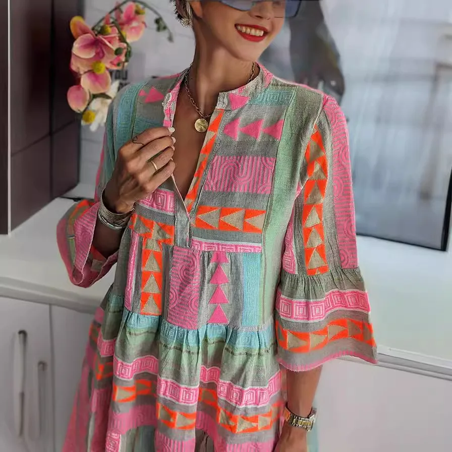 V Neck Ruffles Boho Mini Dress - Spring Casual Vintage A-Line Flare Sleeve Dress - Image 3