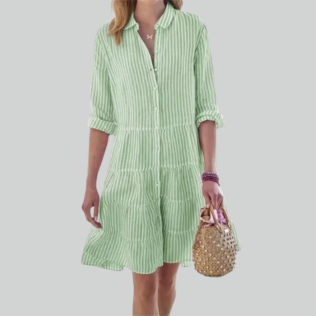Women Striped Print Long Sleeve Mini Dress, Commuter Lapel A-Line Shirt Dress - Image 2