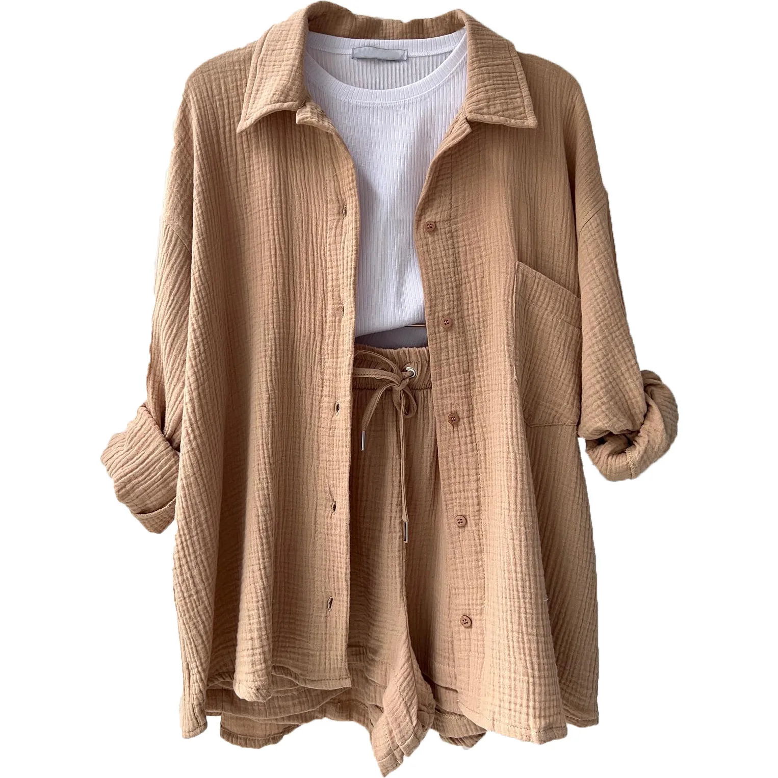 Women Two-Piece Set Orange Wrinkled Lapel Shirt & High-Waisted Shorts Fashion Suit - Image 10