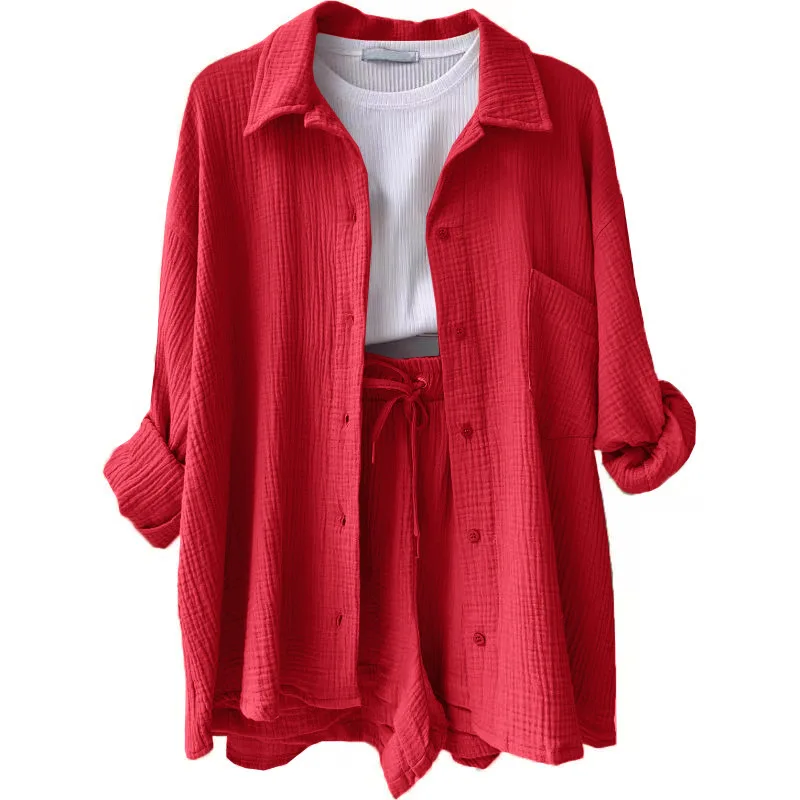 Women Two-Piece Set Orange Wrinkled Lapel Shirt & High-Waisted Shorts Fashion Suit - Image 11