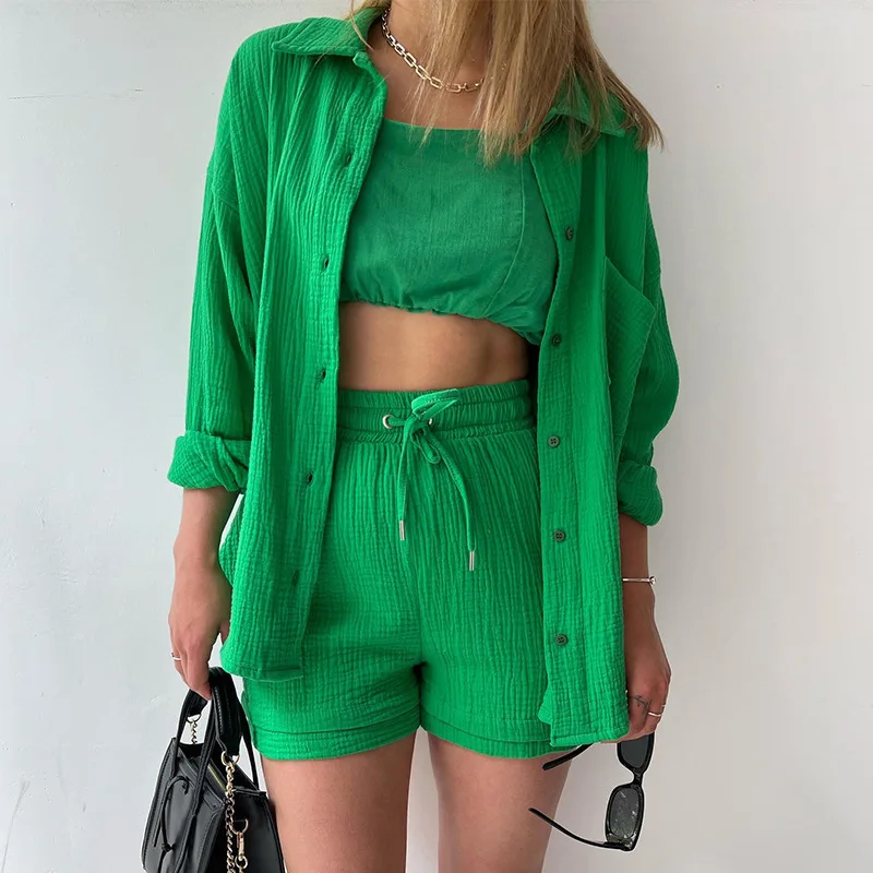 Women Two-Piece Set Orange Wrinkled Lapel Shirt & High-Waisted Shorts Fashion Suit - Image 3