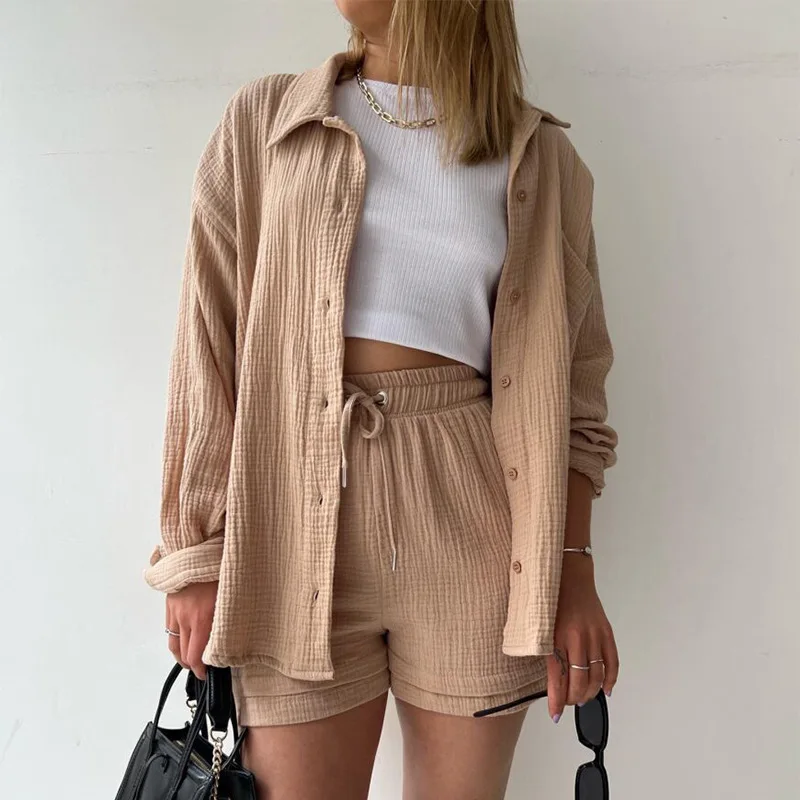 Women Two-Piece Set Orange Wrinkled Lapel Shirt & High-Waisted Shorts Fashion Suit - Image 4