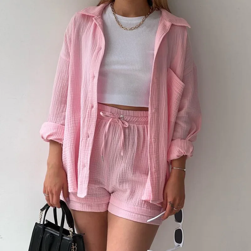 Women Two-Piece Set Orange Wrinkled Lapel Shirt & High-Waisted Shorts Fashion Suit - Image 5