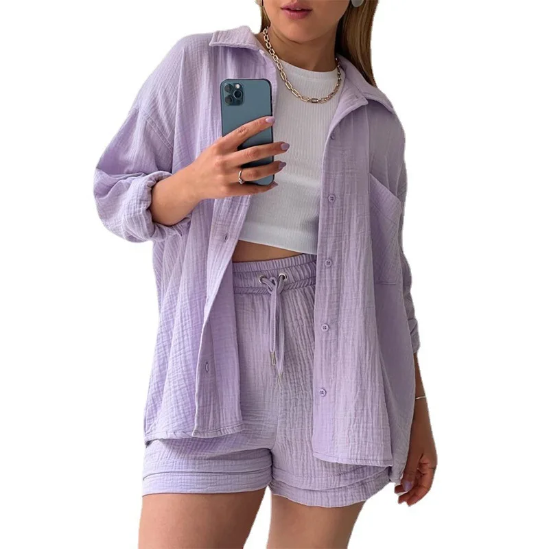 Women Two-Piece Set Orange Wrinkled Lapel Shirt & High-Waisted Shorts Fashion Suit - Image 6