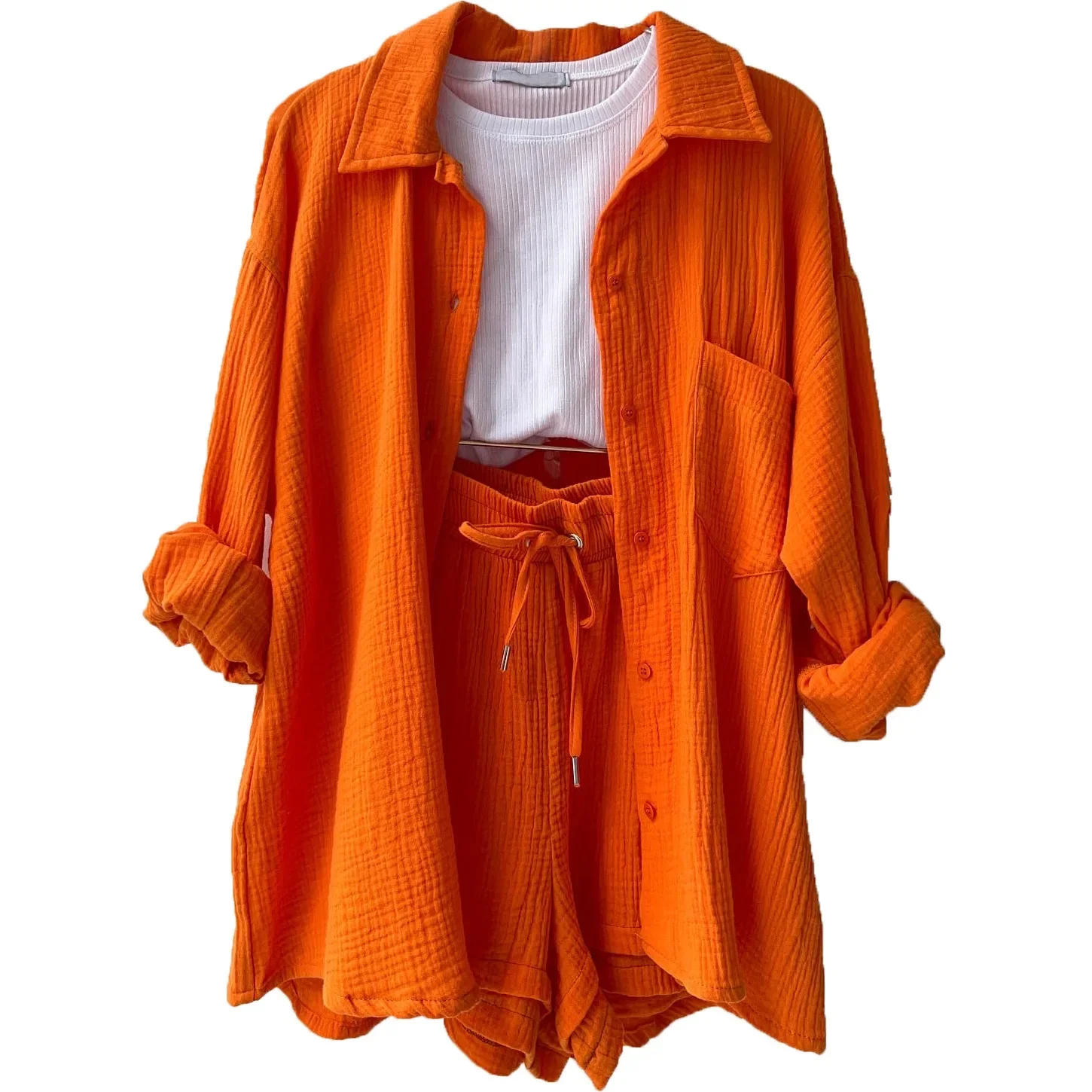 Women Two-Piece Set Orange Wrinkled Lapel Shirt & High-Waisted Shorts Fashion Suit - Image 7