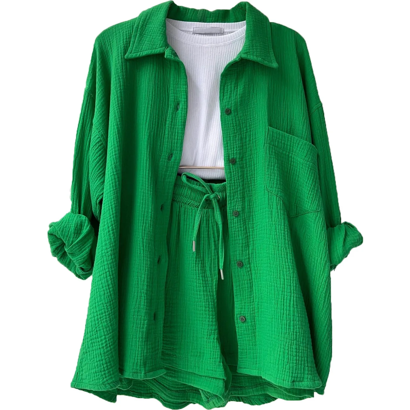 Women Two-Piece Set Orange Wrinkled Lapel Shirt & High-Waisted Shorts Fashion Suit - Image 9