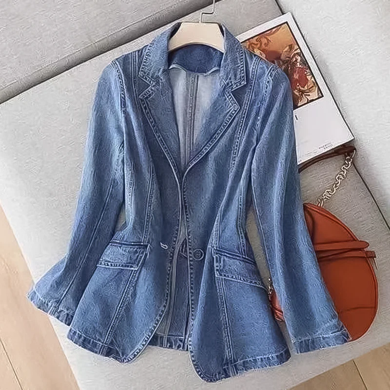 Women's Denim Blazer with Notched Lapel and Button Closure, Structured Cut for Casual and Semi-Formal Wear - Image 5