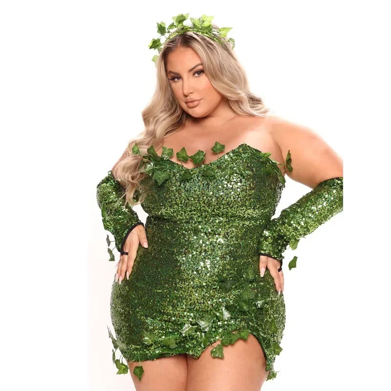 Poison Ivy Costume Sequin Mini Dress Set Halloween Sexy - Image 5