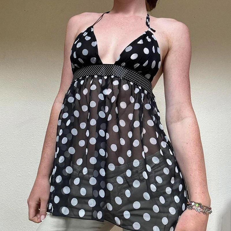 Women's Polka Dot Cami Top, Backless Mesh Design, Flattering A-Line Hem, Trendy Going Out Tank Top for Summer