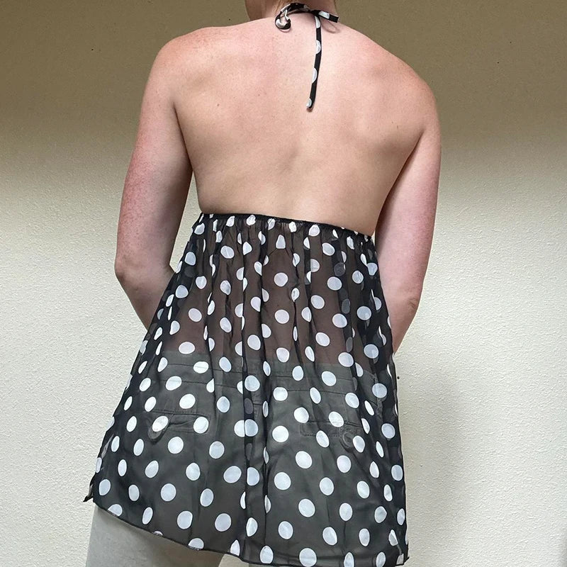 Women's Polka Dot Cami Top, Backless Mesh Design, Flattering A-Line Hem, Trendy Going Out Tank Top for Summer - Image 2