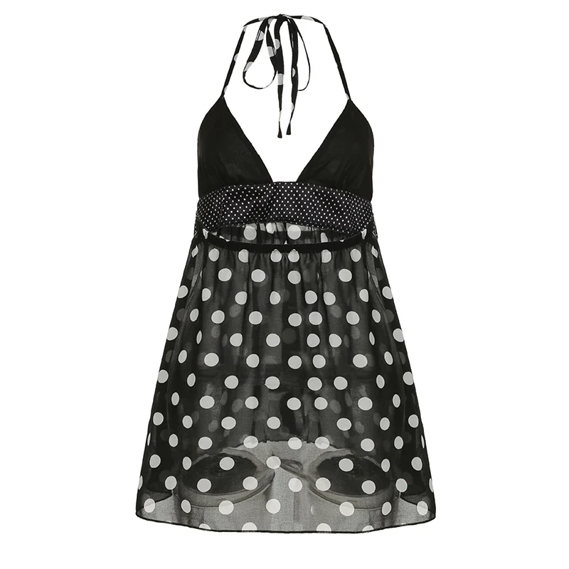 Women's Polka Dot Cami Top, Backless Mesh Design, Flattering A-Line Hem, Trendy Going Out Tank Top for Summer - Image 6