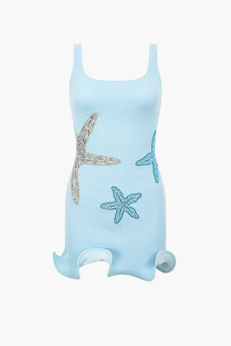 Women's Summer Mini Dress with Ruffled Hem and Beaded Starfish Embellishments - Image 6